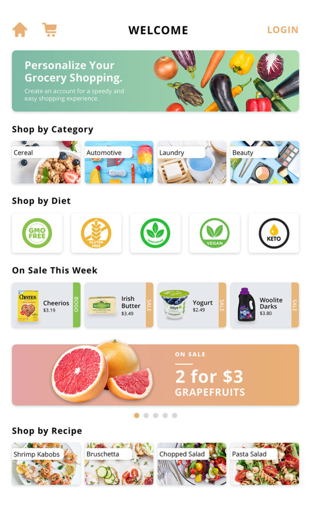 A mockup of a grocery landing screen