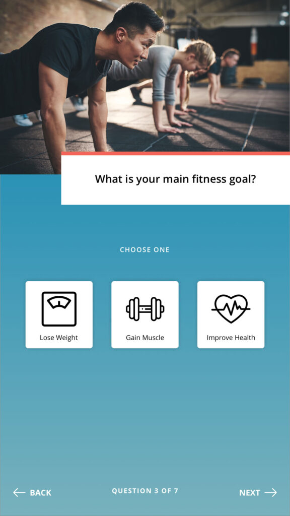 A screen asking the user their main fitness goal