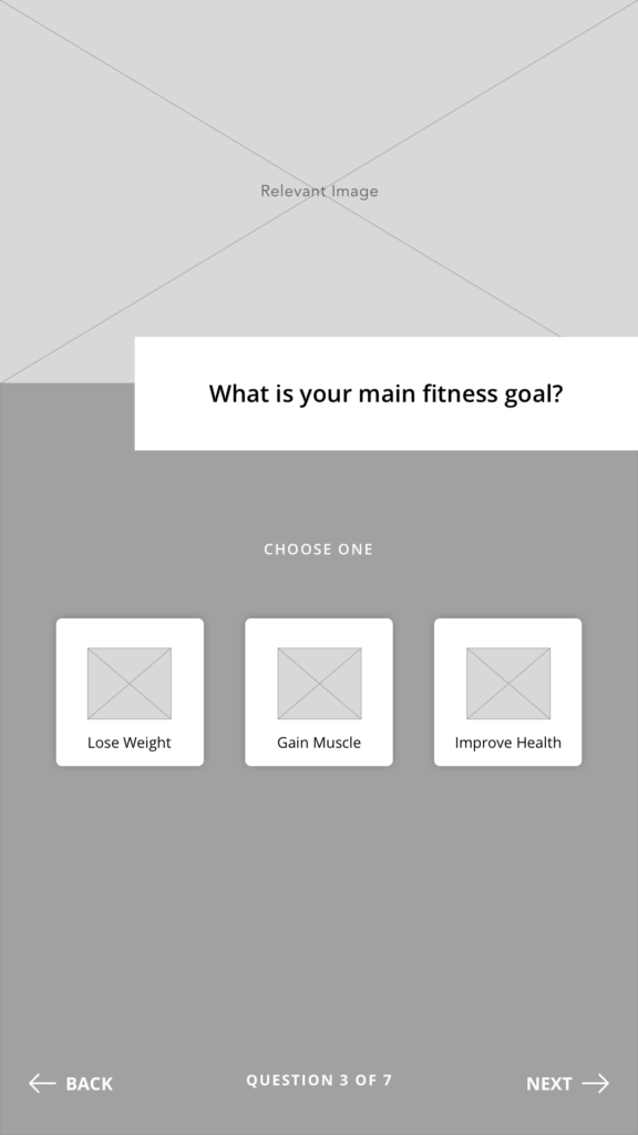 A digital wireframe showing a quiz question screen