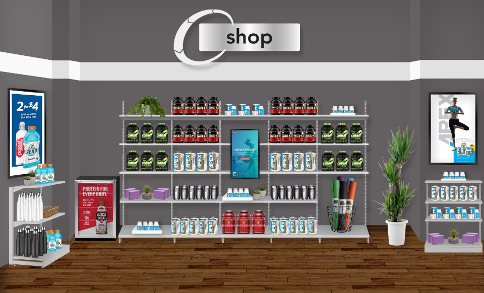 A mockup of a design on tablet in a store mounted to a shelf of product showing the landing screen